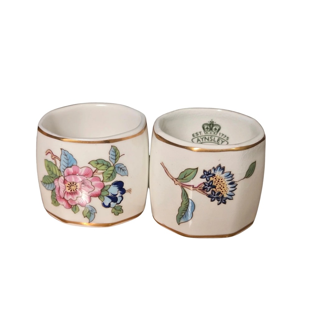 Aynsley Pembroke Fine Bone China Napkin Rings Set of 2 Floral Gold Trim England